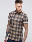 Asos Skinny Denim Shirt With Buffalo Plaid In Camel