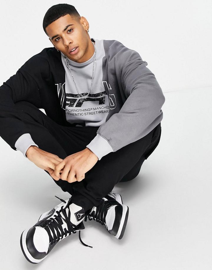 Good For Nothing Oversized Spliced Sweatshirt In Black And Gray With Mixed Logo Print-multi