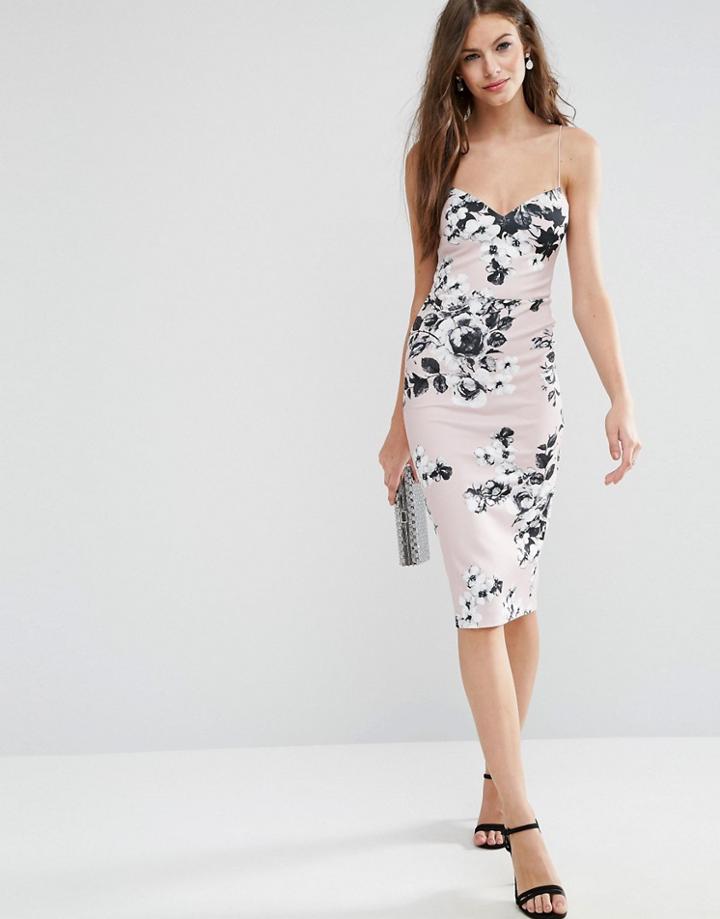 Asos Deep Plunge Scuba Strappy Mink Floral Midi Pencil Dress - Multi