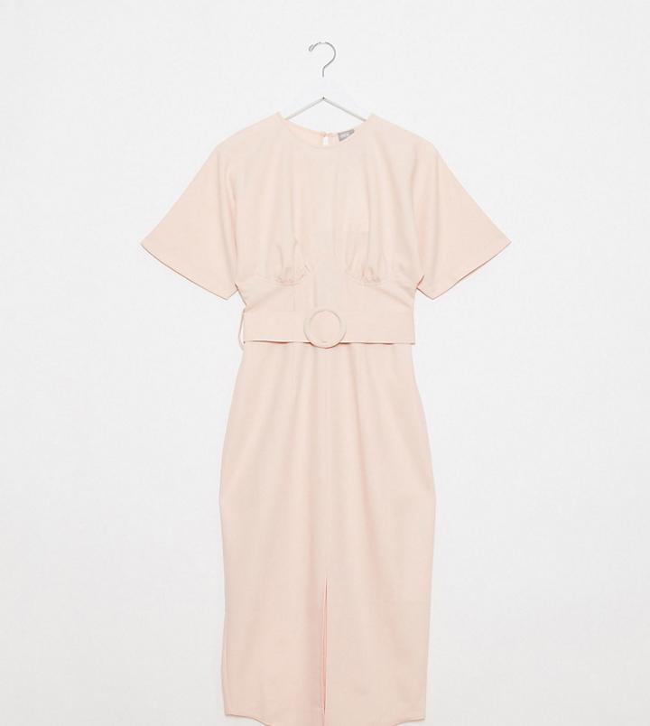 Asos Design Tall Belted Midi Dress With Underbust Seams In Blush-pink