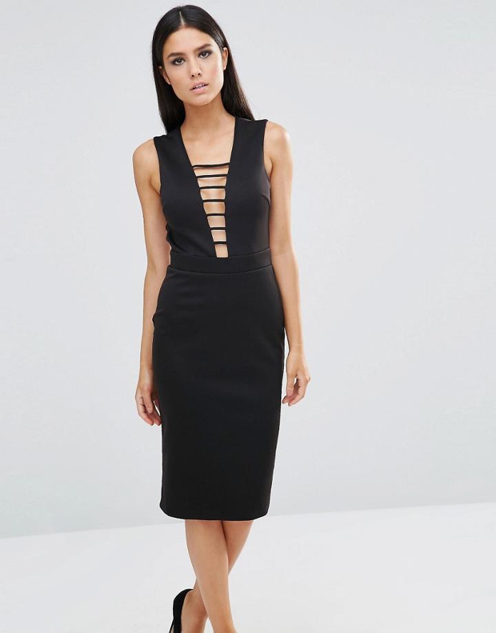 Club L Midi Dress With Strap Detail & Cut Out Back - Black