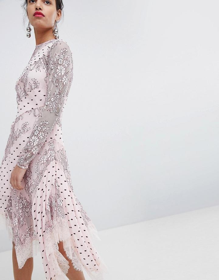 Keepsake Lace And Spot Midi Dress - Pink