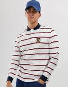 Asos Design Relaxed Long Sleeve Striped Polo With Chest Emblem Logo - White