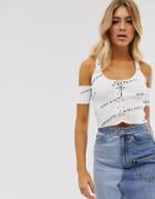 Miss Sixty Knitted Cold Shoulder Top With Multi Logo - White