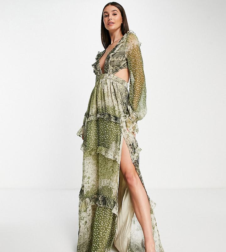 Asos Design Tall Tiered Maxi Dress With Lattice Back Detail In Sage Patchwork Print-multi