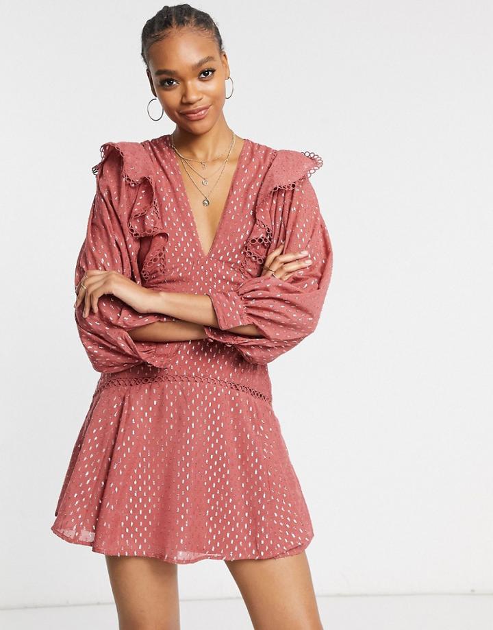 Asos Design Lace Insert Skater Mini Dress In Metallic Dots-pink