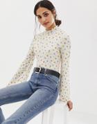 Asos Design Top In Rib With Wide Sleeve In Ditsy Print - Multi