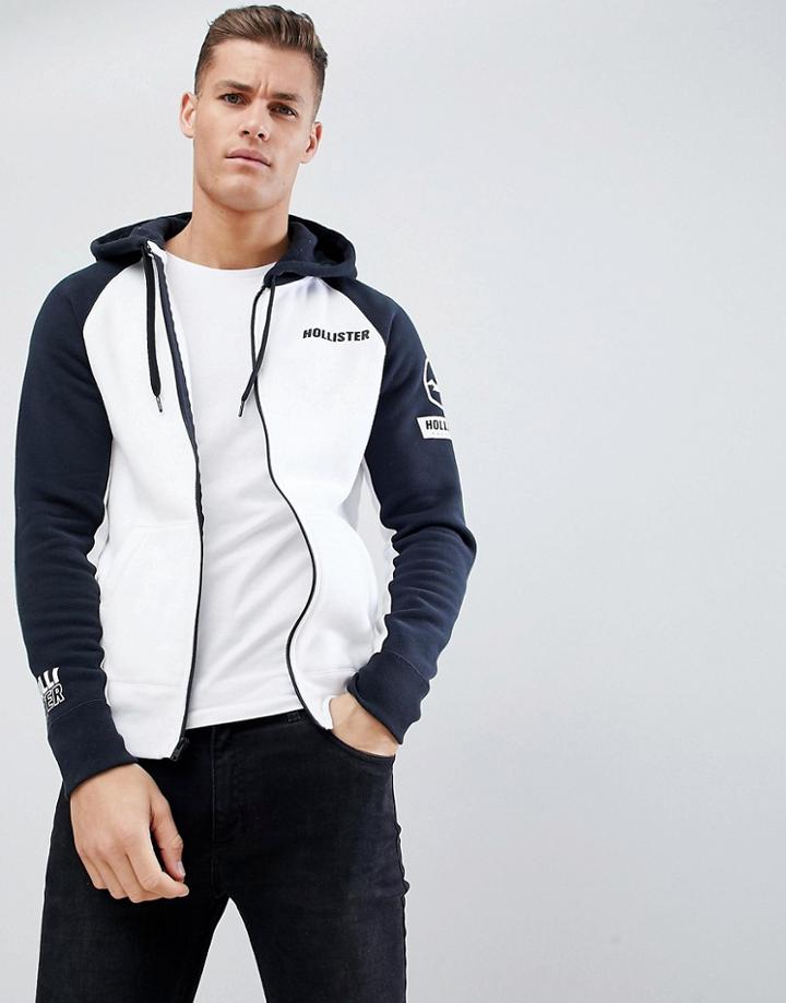 Hollister Street Sport Full Zip Hoodie Contrast Sleeve & Hood Stripe Seagull Logo In White - White