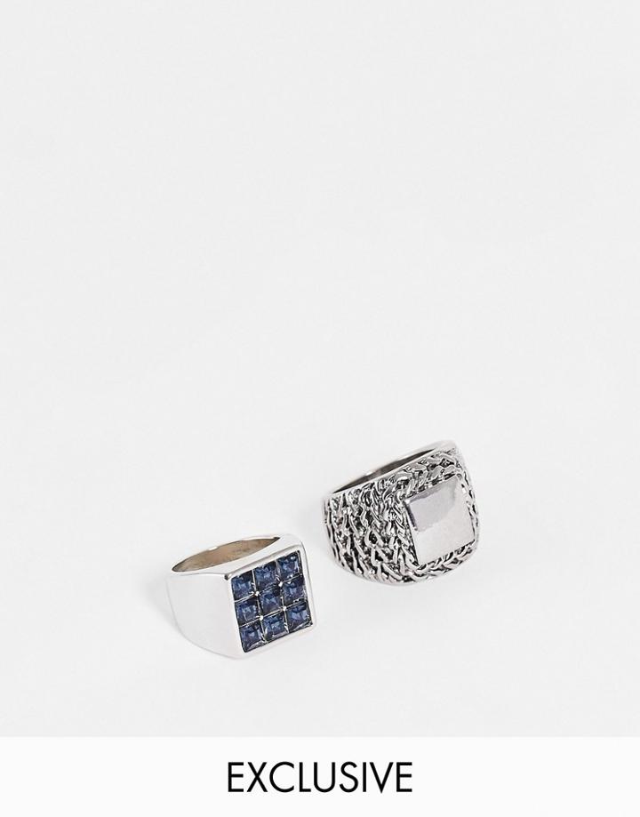 Relaimed Vintage Inspired Unisex Ring Pack With Faux Crystals In Silver