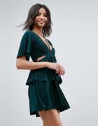 Asos Cut Out Fluted Sleeve Tiered Skater Mini Dress - Green