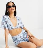 Asos Design Petite Knot Front Terry Beach Crop Top In Butterfly Print - Part Of A Set-multi