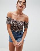 Asos Design Leopard Shirred Bardot Crop Top - Multi