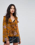 Missguided Floral Print Ruffle Blouse - Yellow
