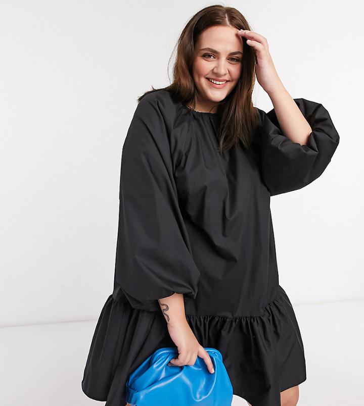 Asos Design Curve Cotton Poplin Mini Smock Dress With Pephem In Black