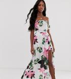 Parisian Tall Off Shoulder Maxi Dress In White Floral Print - White
