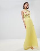 Frock And Frill Embroidered Top Pleated Maxi Dress-yellow
