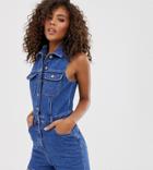 Asos Design Tall Denim Sleeveless Button Romper-blue