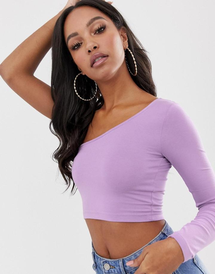 Asos Design One Shoulder Long Sleeve Crop Top In Lilac - Purple