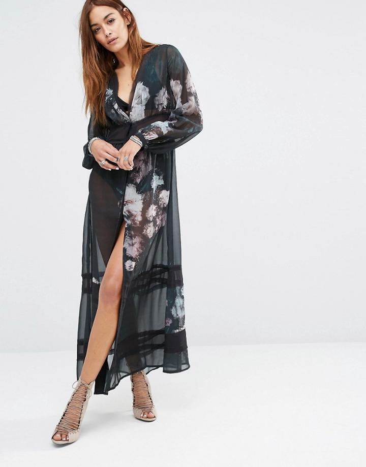 Religion Maxi Shirt Dress With Floral Print - Black