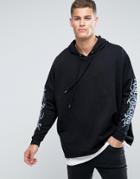 Asos Oversized Hoodie With T-shirt Hem & Sleeve Print - Black