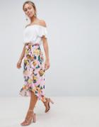 Asos Design Chiffon Midi Skirt With Button And Frill Detail In Floral Print - Multi