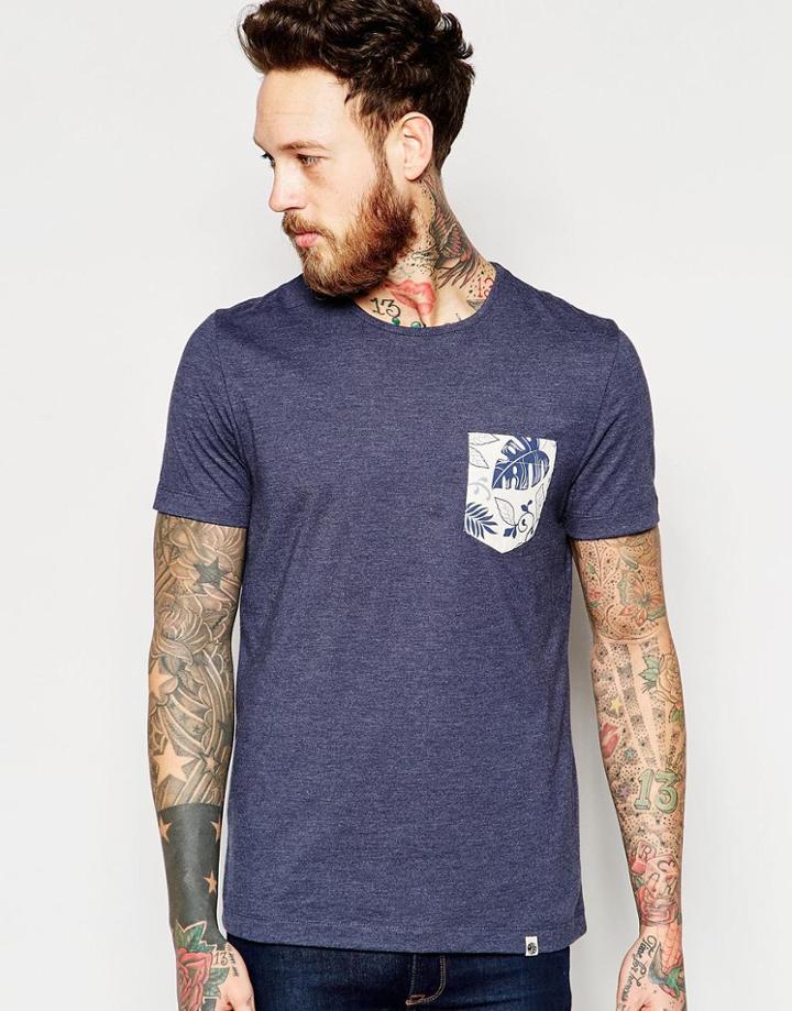 Pretty Green T-shirt With Floral Pocket - Navy