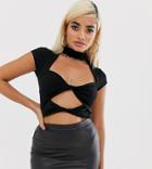 Asos Design Petite Crop Top With Cap Sleeve And Cut Out Detail In Black - Black