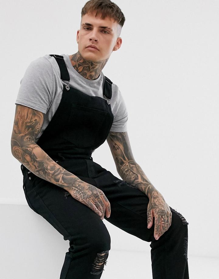 Liquor N Poker Overalls Straight Fit Extreme Rips In Black - Black