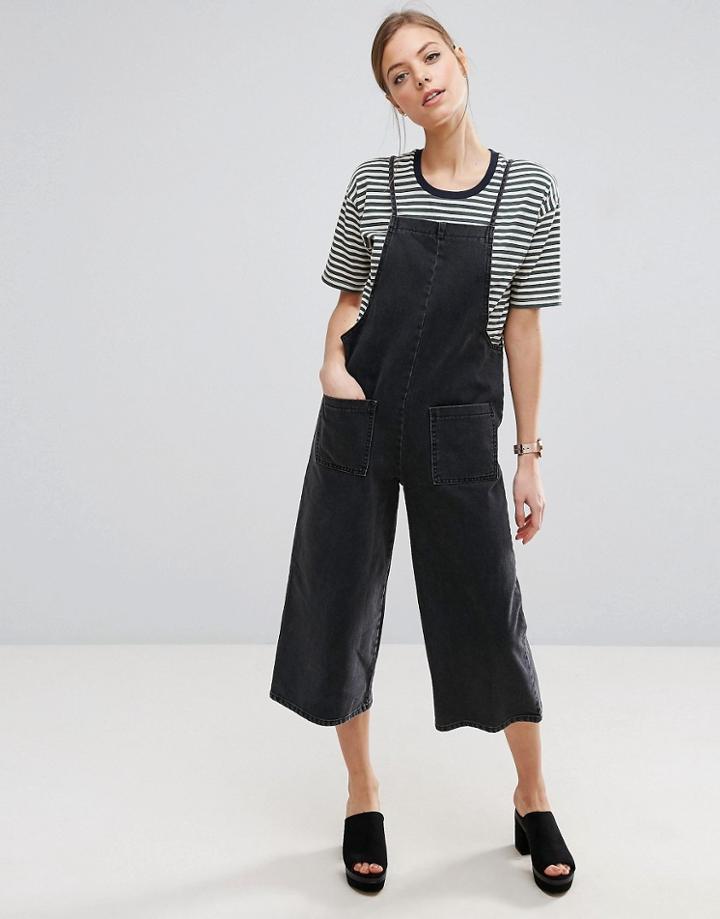 Asos Denim Cropped Length Jumpsuit In Washed Black - Black