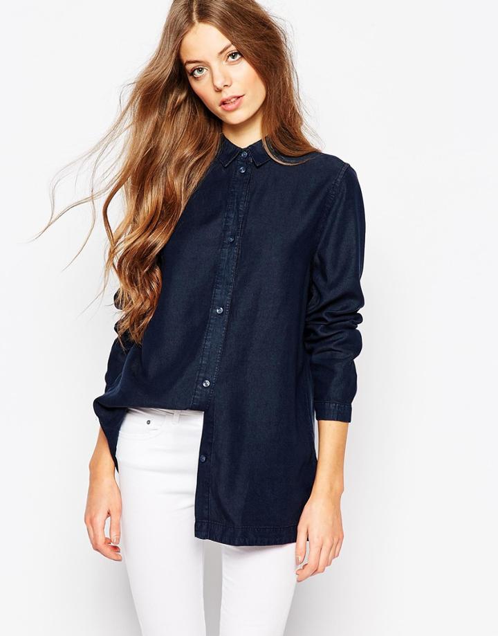 Waven Nott Button Front Linen Mix Denim Shirt - Blue