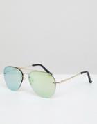Asos Design Aviator Sunglasses In Gold With Green Mirrored Lens - Gold