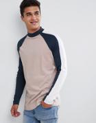 Asos Design Longline Long Sleeve T-shirt With Contrast Sleeve Panels - Beige