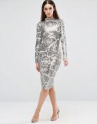 Club L Brocade Sequin High Neck Detail Midi Dress - Silver