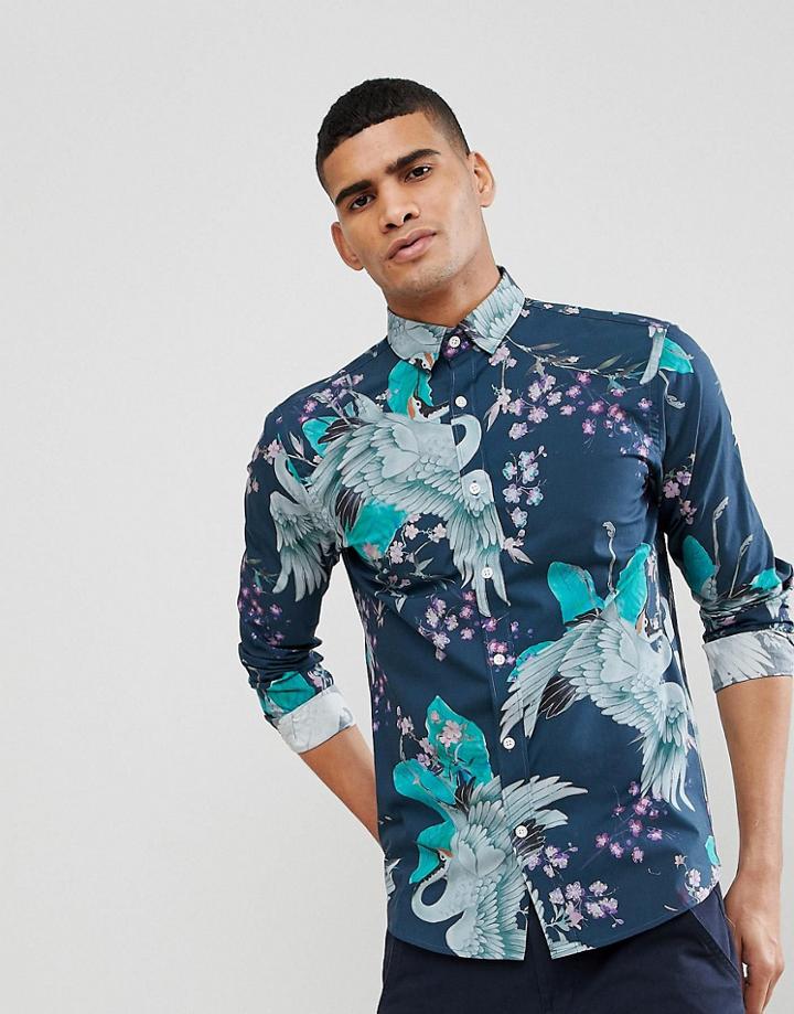Selected Homme Smart Shirt In Bird Print - Navy