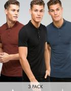 Asos 3 Pack Muscle Polo Shirt In Chestnut/black/blue - Multi