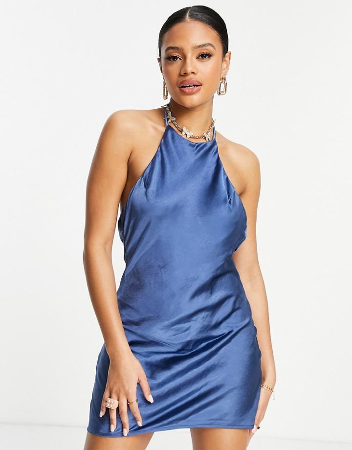 Parallel Lines Halter Neck Satin Mini Dress In Blue-navy