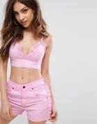 Prettylittlething Ruffle Denim Crop Top - Purple