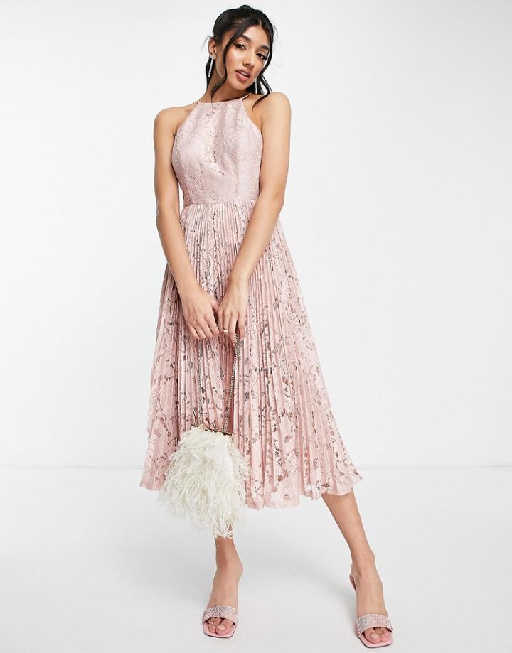 Asos Design Pinny Midi Prom Dress With Pleated Lace In Blush-pink