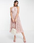 Asos Design Pinny Midi Prom Dress With Pleated Lace In Blush-pink