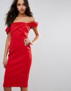 Asos Fold Detail Bardot Scuba Pencil Dress - Red