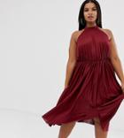 Asos Design Curve High Neck Pleated Midi Dress - Red