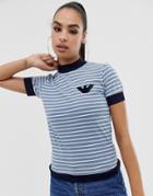 Emporio Armani Striped T-shirt With Sequin Logo - Blue