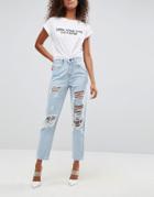 Asos Original Mom Jeans In Dex Aged Wash With Rips And Busts - Blue