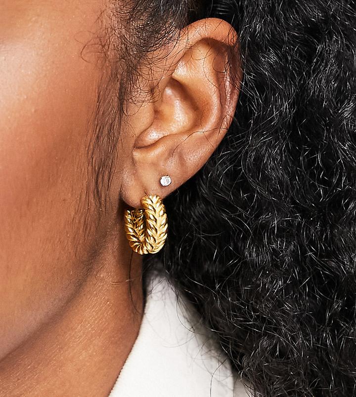 Asos Design Waterproof Stainless Steel 14mm Hoop Earrings In Texture-gold