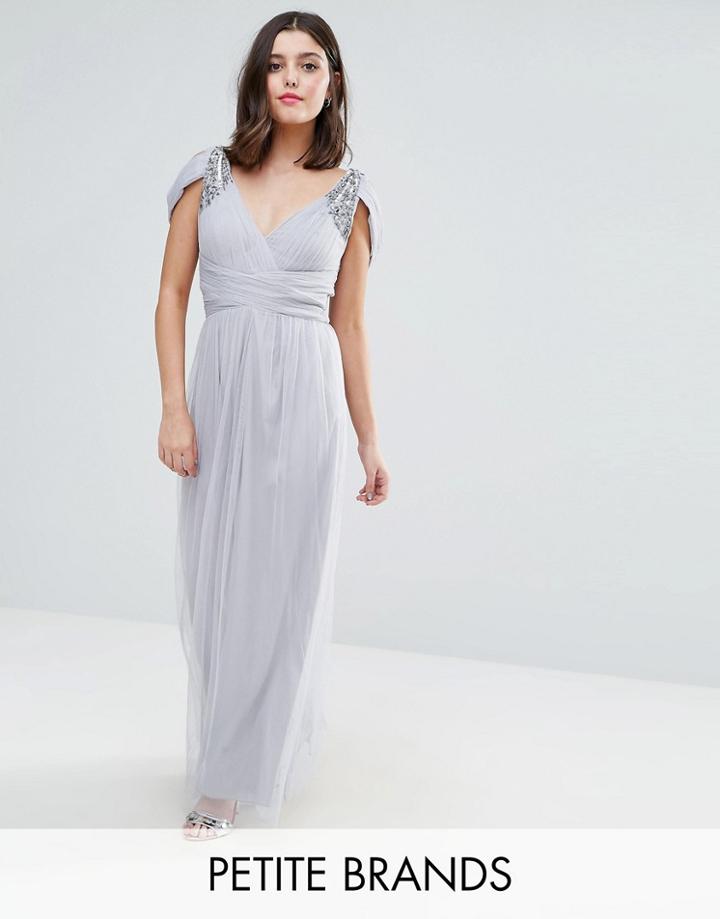 Little Mistress Petite Off Shoulder Maxi Dress With Embellished Detail - Gray