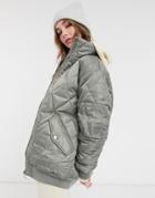 Asos Design Hero Quilted Oversized Bomber Jacket In Dark Sage-green