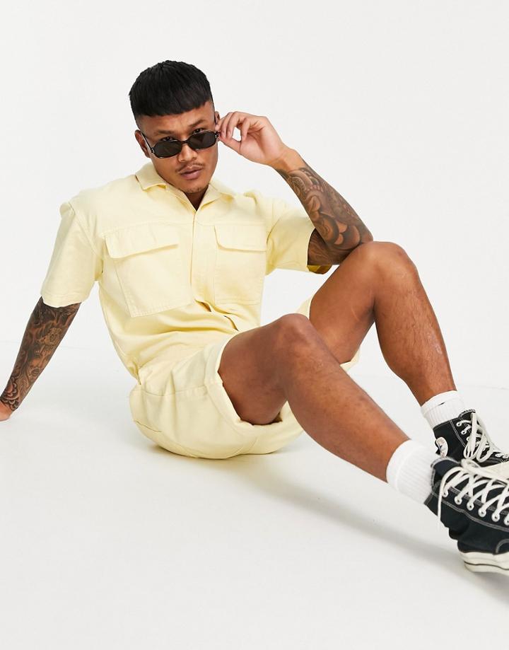 Asos Design Denim Short Boilersuit In Yellow