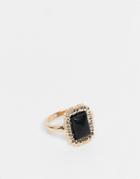 Asos Design Ring With Black Stone And Textured Edge In Gold Tone
