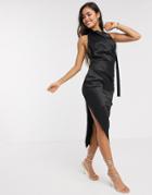 Asos Design Halter Drape Detail Midi Dress With Buckle-black