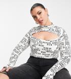 Asos Design Curve Cut Out High Neck Top With Thumbholes In Word Up Print-multi